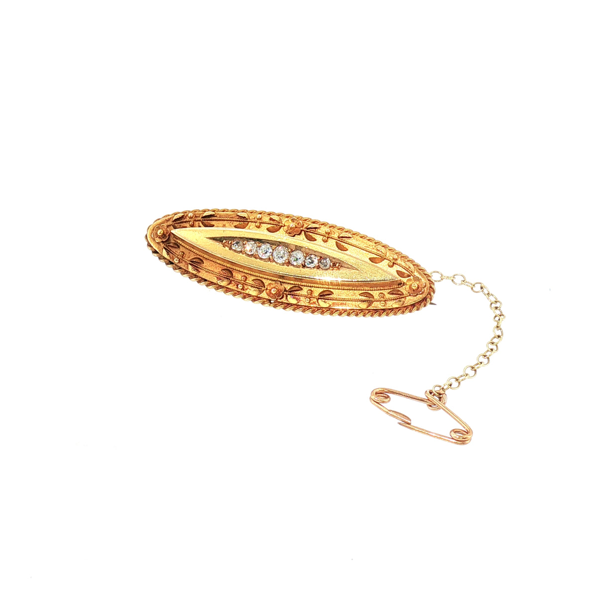 Vintage Etruscan Natural Diamond Set Brooch in 15ct Yellow Gold