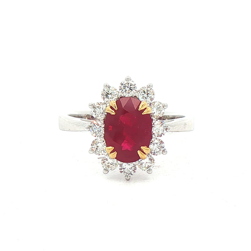 2.15ct Ruby & 0.68ct Natural Diamond Cluster Ring Set In 18ct White Gold