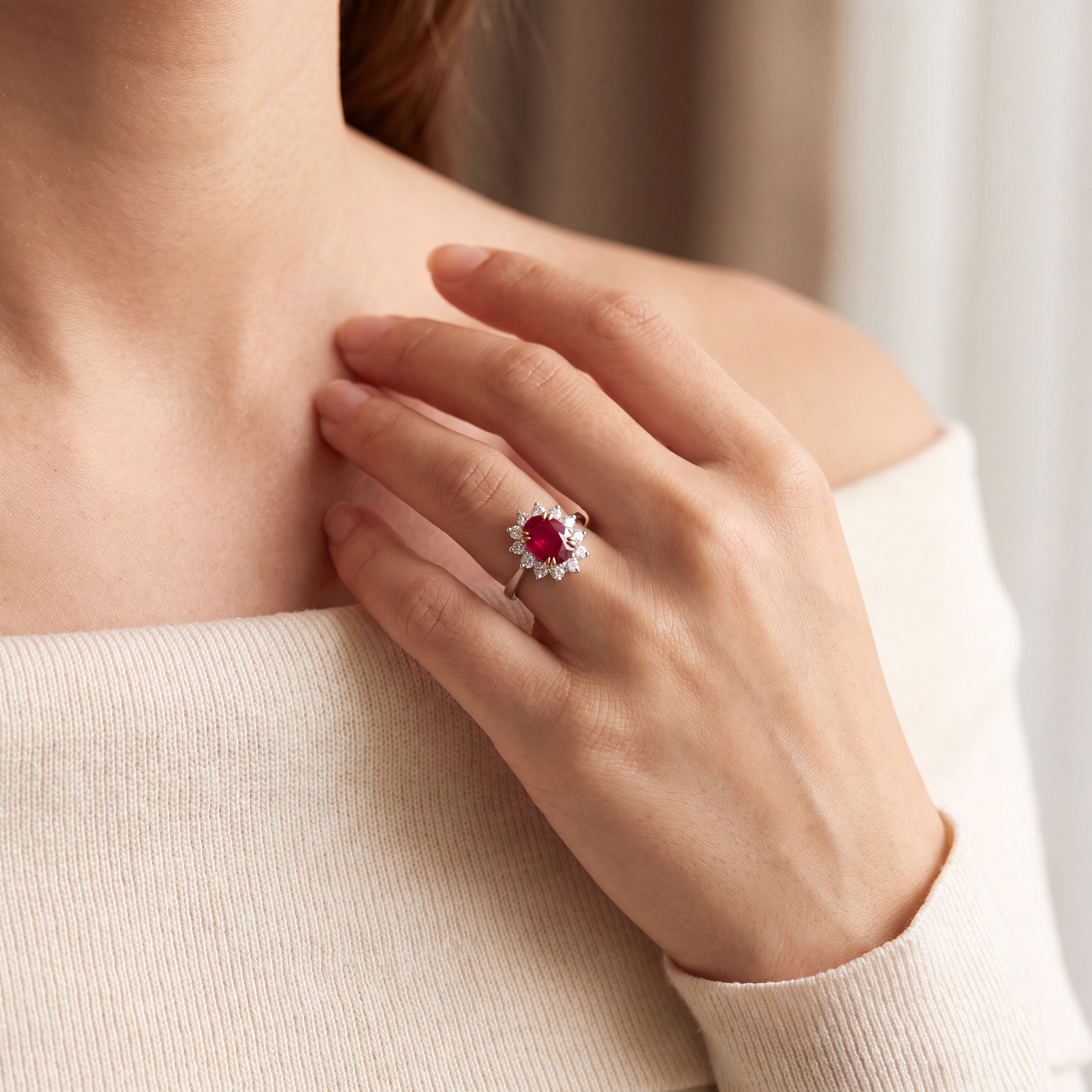 2.15ct Ruby & 0.68ct Natural Diamond Cluster Ring Set In 18ct White Gold