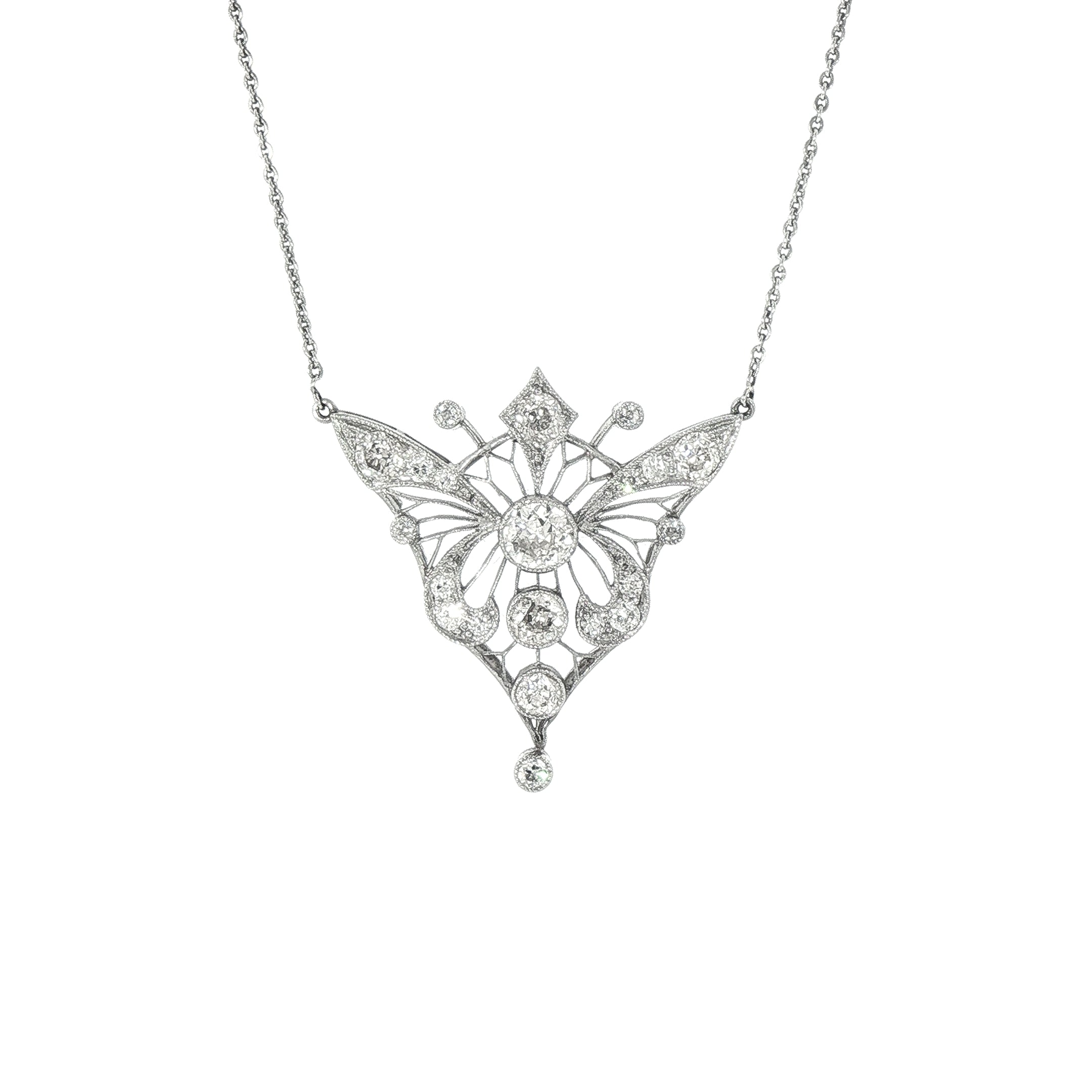 1.75ct Vintage Art Nouveau Style Natural Diamond Butterfly Necklace & Chain in Platinum