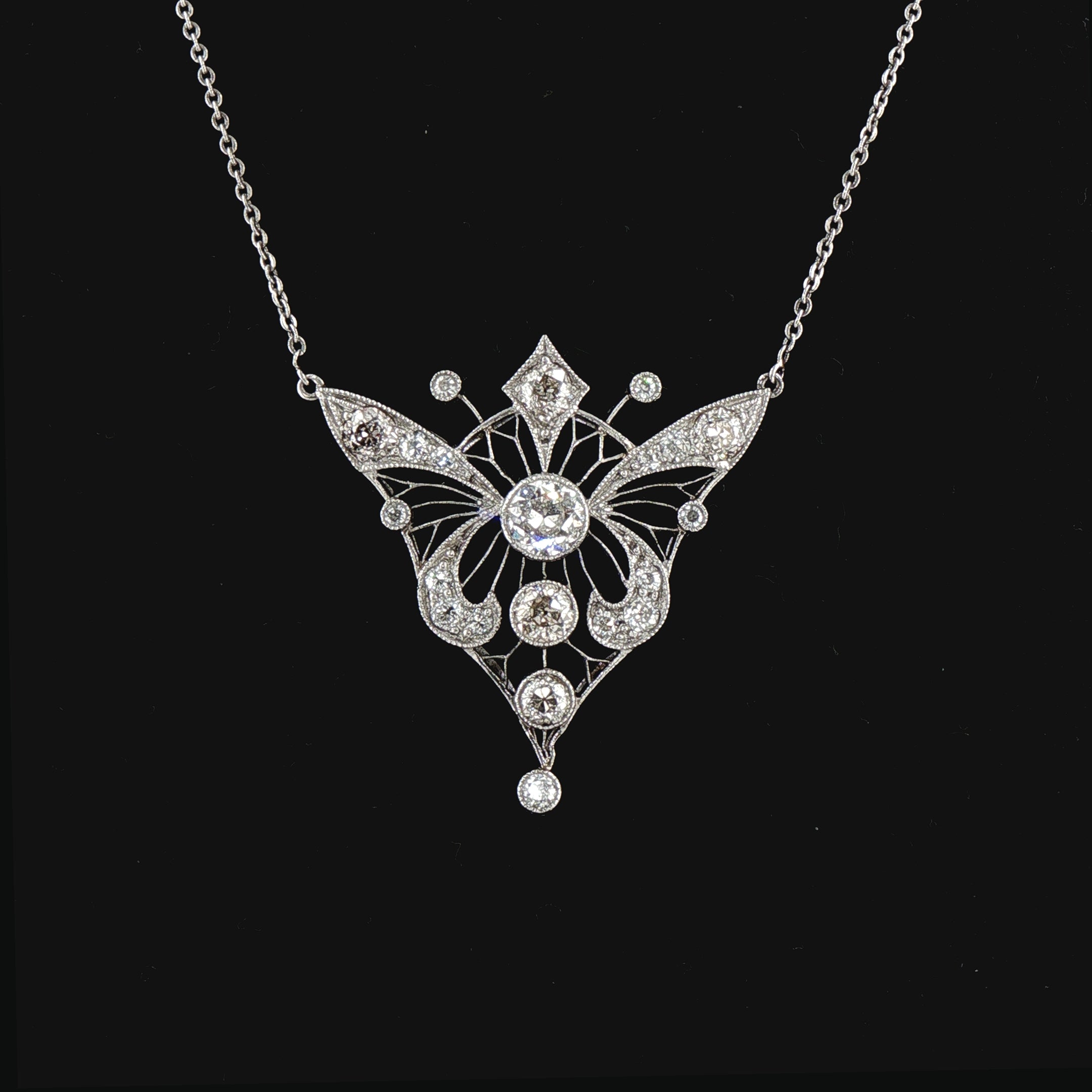 1.75ct Vintage Art Nouveau Style Natural Diamond Butterfly Necklace & Chain in Platinum
