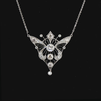1.75ct Vintage Art Nouveau Style Natural Diamond Butterfly Necklace & Chain in Platinum
