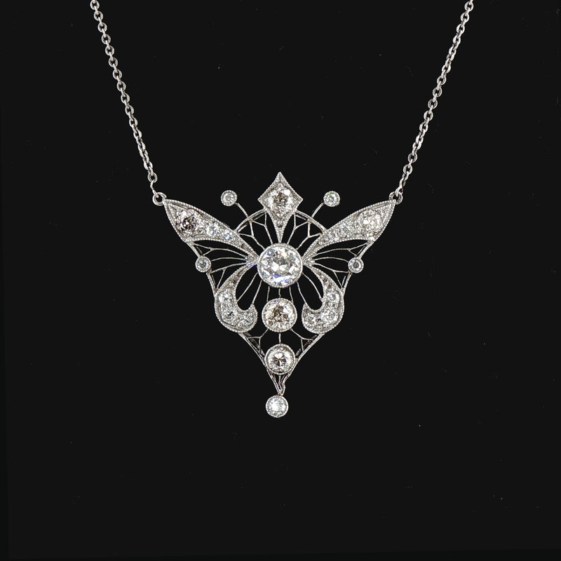 1.75ct Vintage Art Nouveau Style Natural Diamond Butterfly Necklace & Chain in Platinum