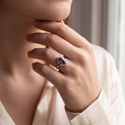 Marquise Amethyst Natural Diamond Halo Cocktail Ring in 14ct White Gold