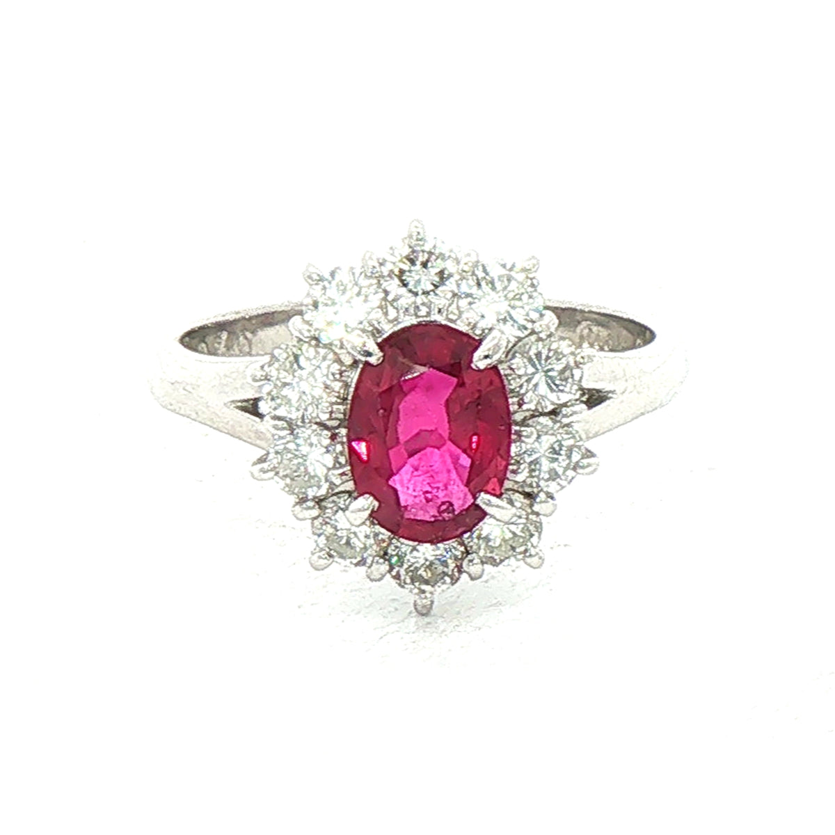 0.86ct Ruby & 0.79ct Natural Diamond Flower Cluster Ring set in Platinum