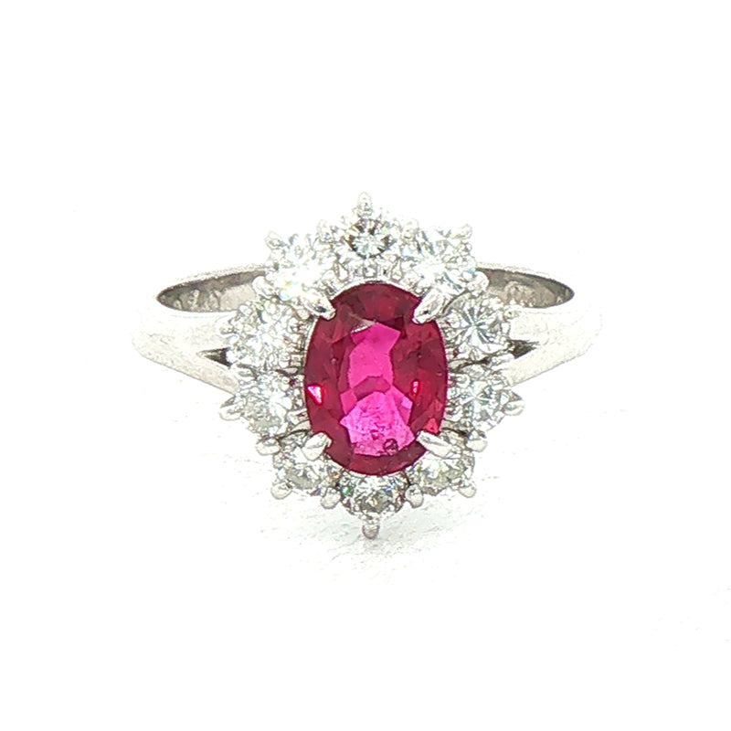 0.86ct Ruby & 0.79ct Natural Diamond Flower Cluster Ring set in Platinum