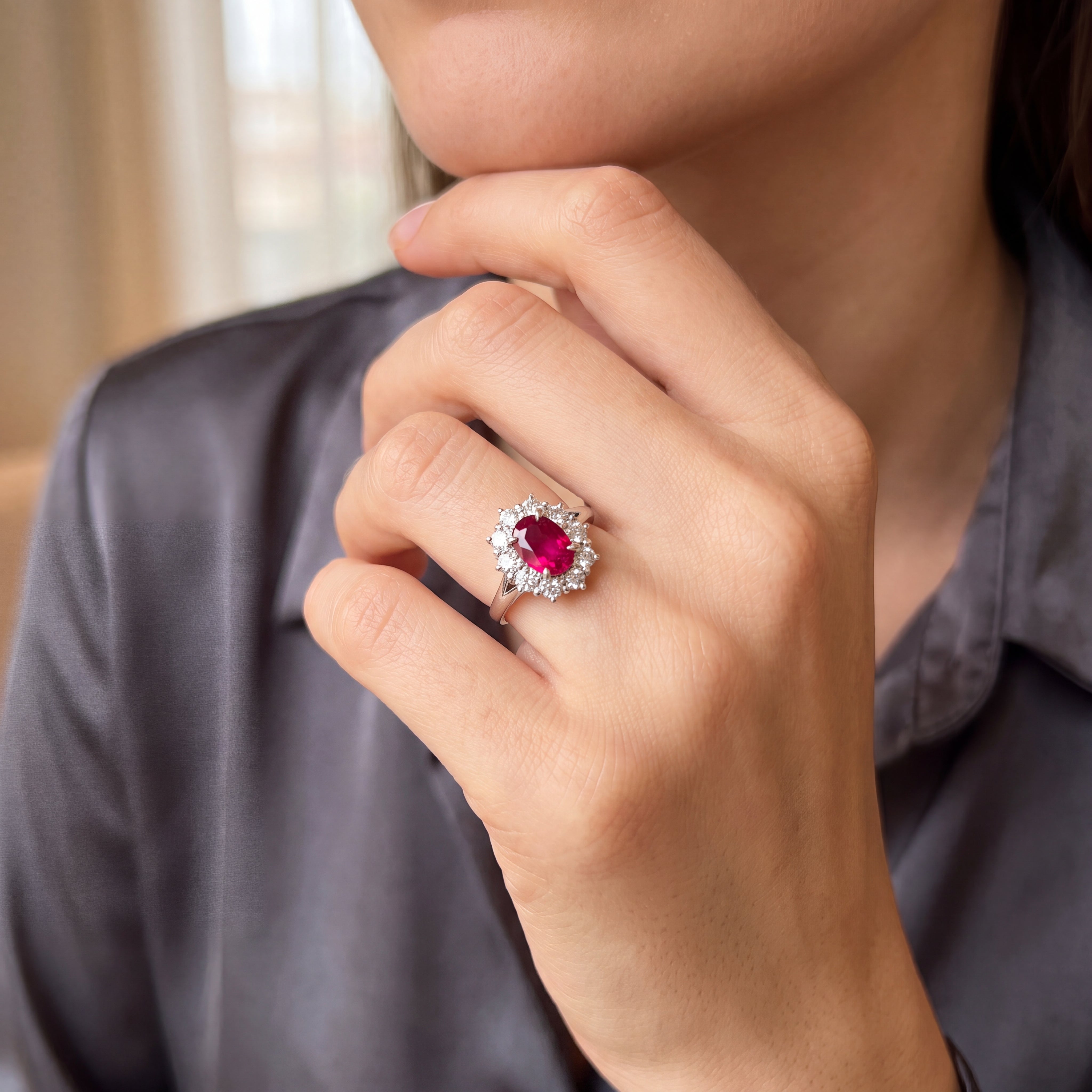 0.86ct Ruby & 0.79ct Natural Diamond Flower Cluster Ring set in Platinum