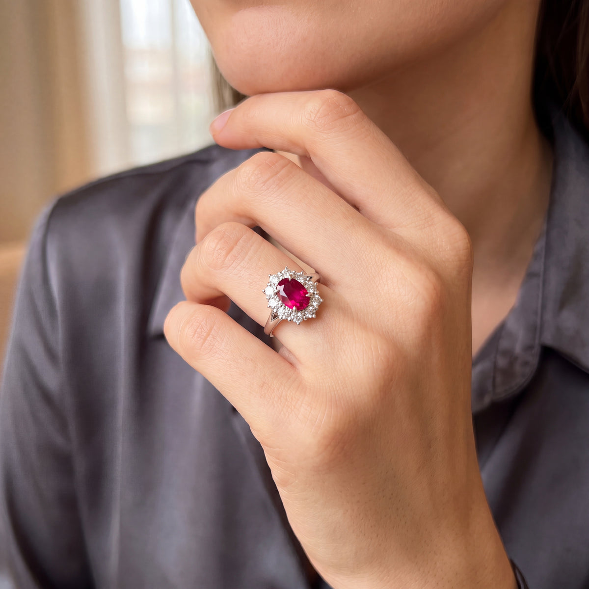 0.86ct Ruby & 0.79ct Natural Diamond Flower Cluster Ring set in Platinum