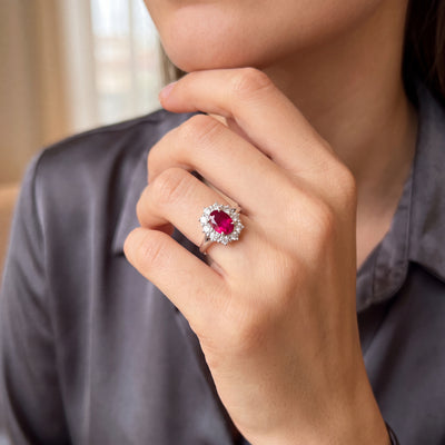 0.86ct Ruby & 0.79ct Natural Diamond Flower Cluster Ring set in Platinum