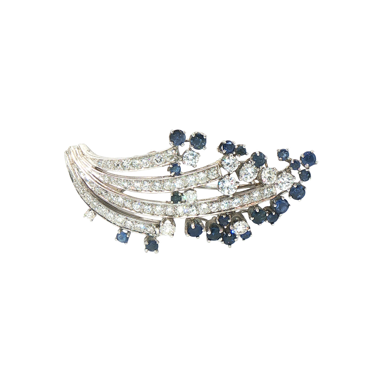 Natural Sapphire and Diamond Spray Brooch 18ct White Gold