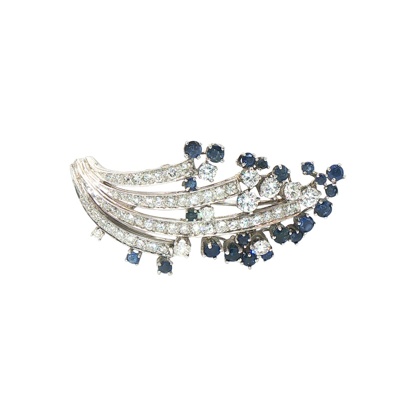 Natural Sapphire and Diamond Spray Brooch 18ct White Gold