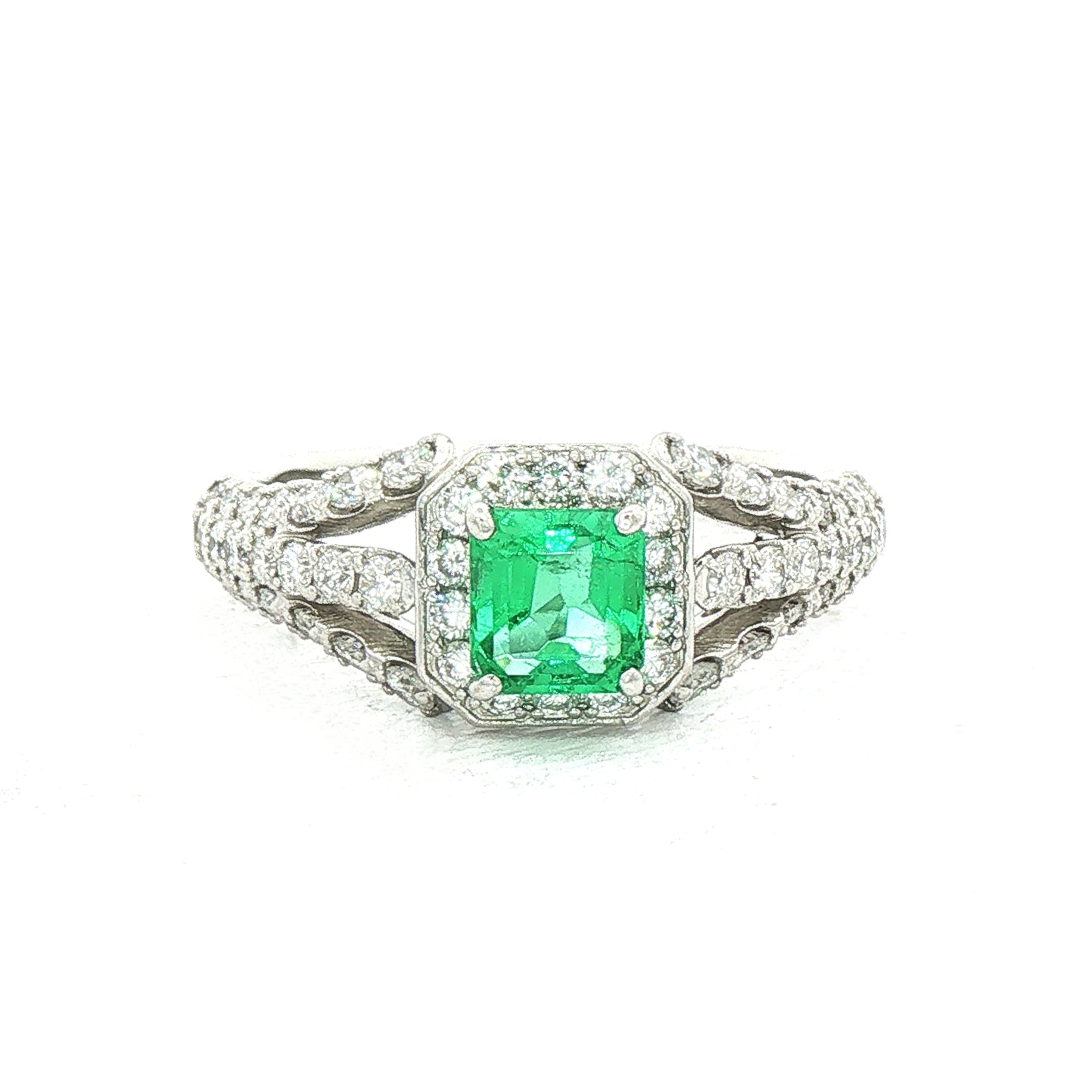 0.56ct Vintage Princess Cut Emerald & 0.66ct Natural Diamond Halo Cluster Triple Split Shank in Platinum
