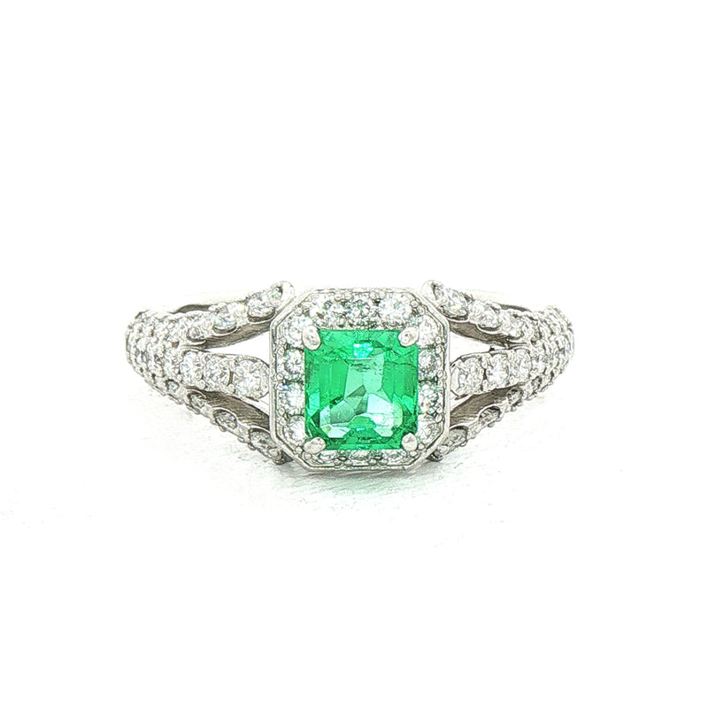 0.56ct Vintage Princess Cut Emerald & 0.66ct Natural Diamond Halo Cluster Triple Split Shank in Platinum