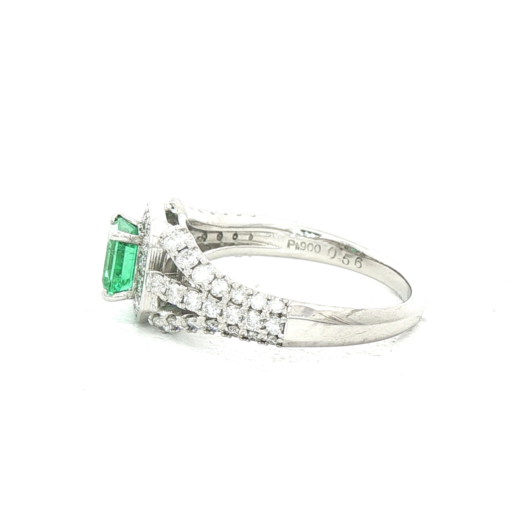 0.56ct Vintage Princess Cut Emerald & 0.66ct Natural Diamond Halo Cluster Triple Split Shank in Platinum