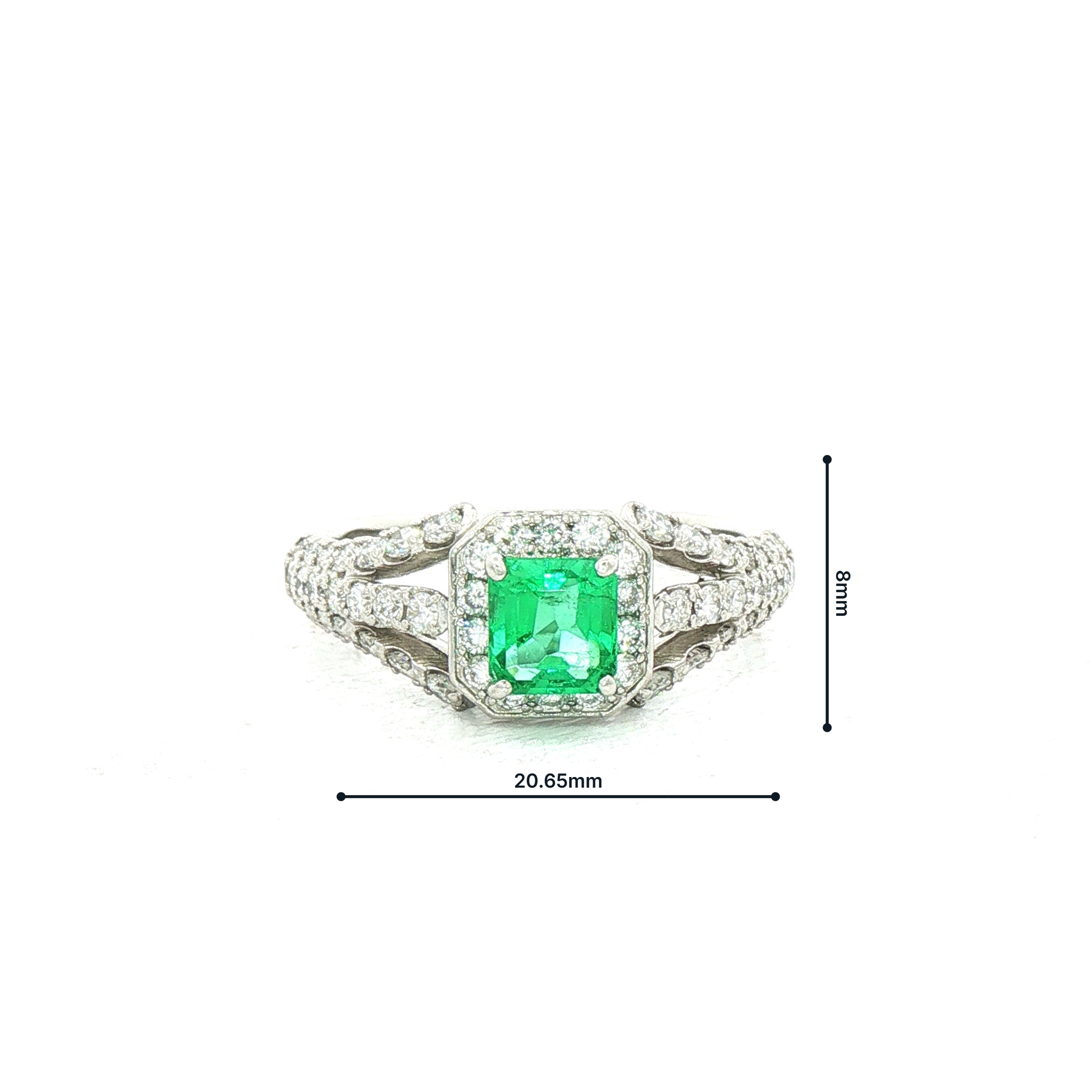 0.56ct Vintage Princess Cut Emerald & 0.66ct Natural Diamond Halo Cluster Triple Split Shank in Platinum
