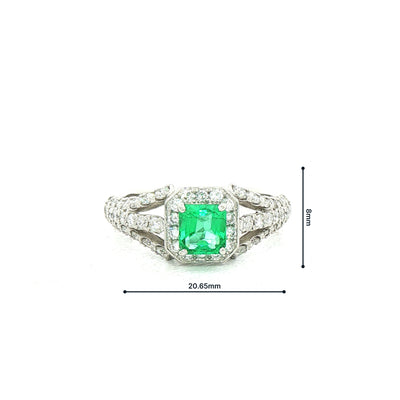 0.56ct Vintage Princess Cut Emerald & 0.66ct Natural Diamond Halo Cluster Triple Split Shank in Platinum