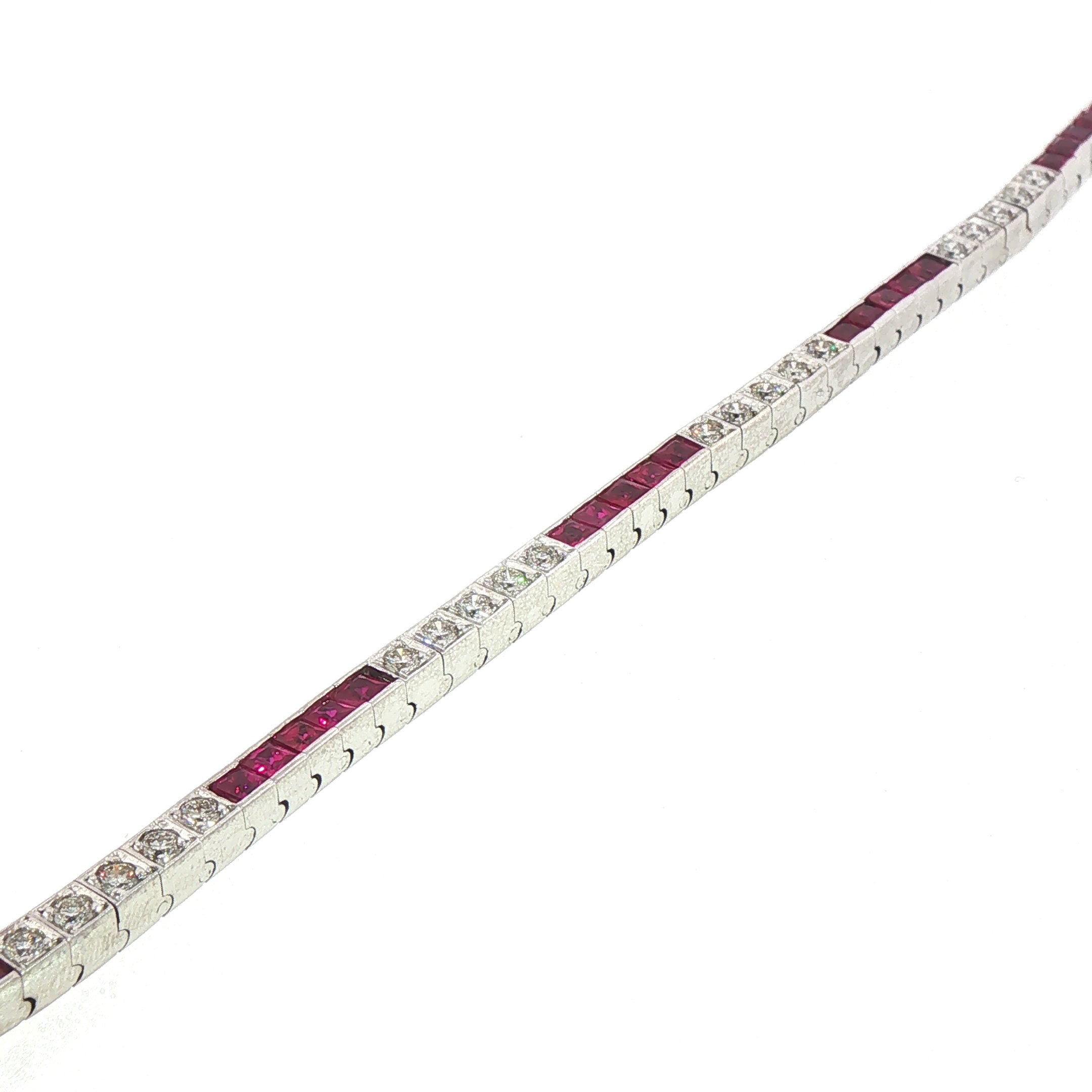 18ct White Gold Princess Cut Ruby and Natural Diamond Line Bracelet