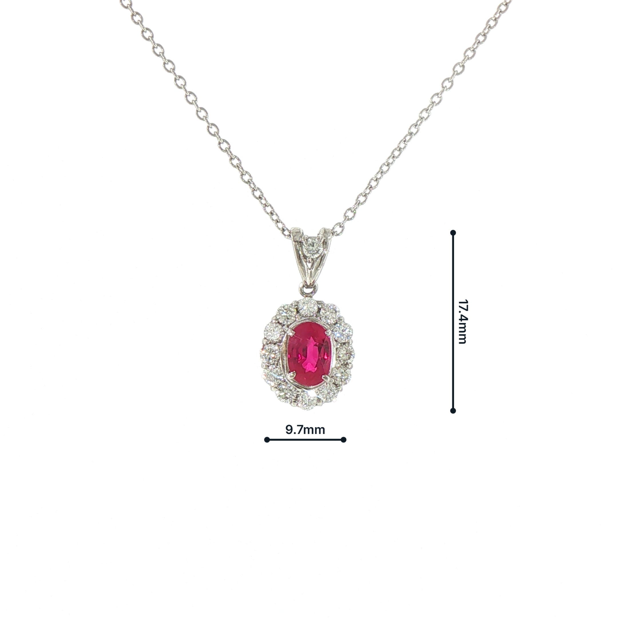 Certified 0.89 oval cut ruby surrounded by 0.48 cluster diamonds platinum pendant