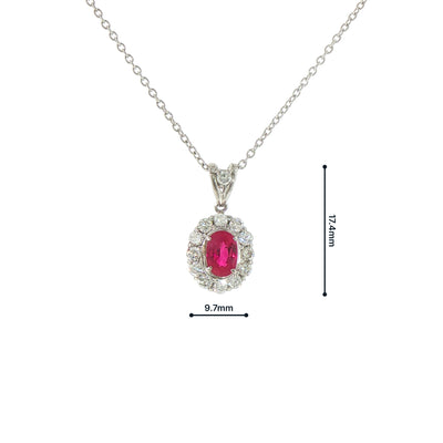 Certified 0.89 oval cut ruby surrounded by 0.48 cluster diamonds platinum pendant