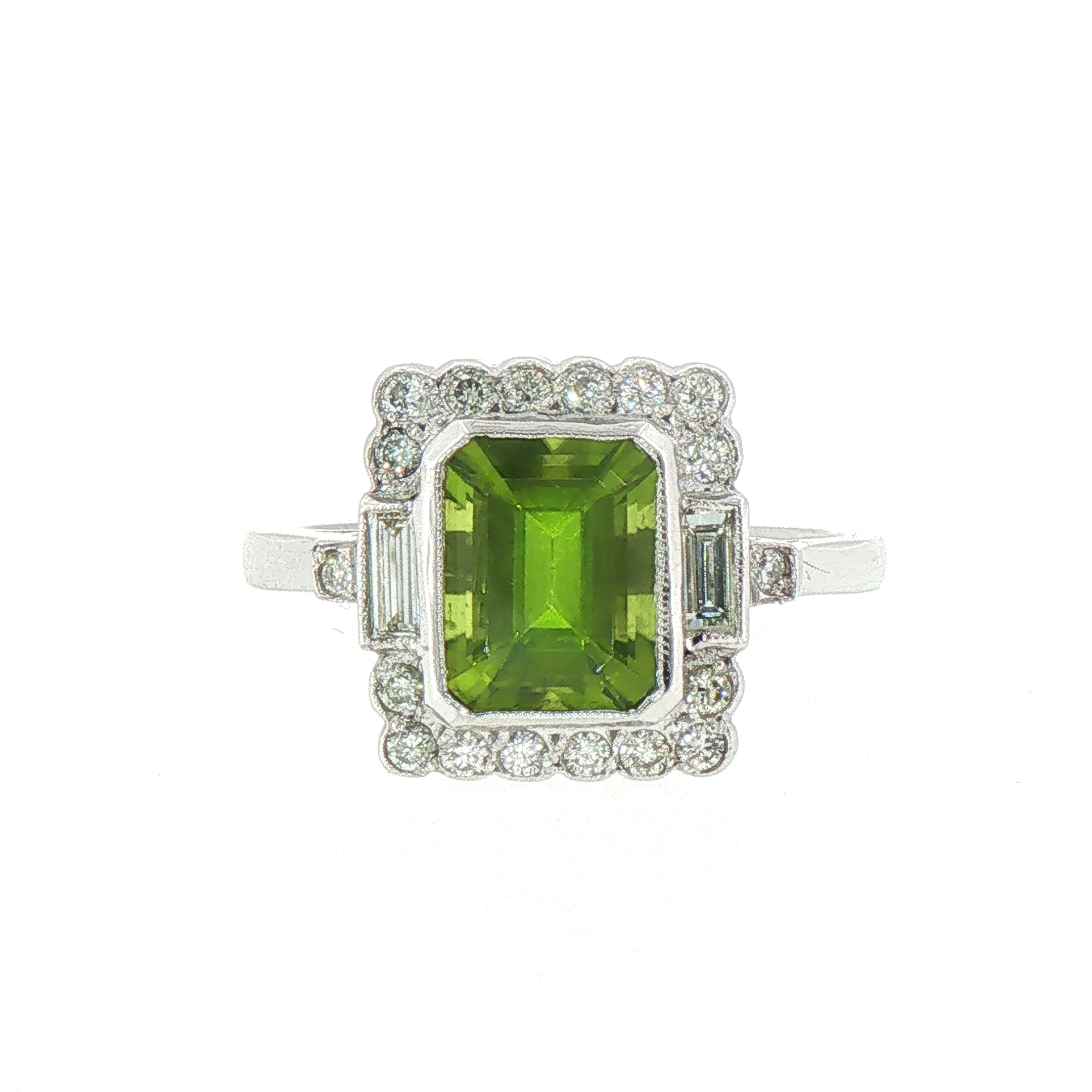 1.35ct Emerald Cut Peridot & 0.35ct Natural Diamond Antique Cluster Ring In Platinum