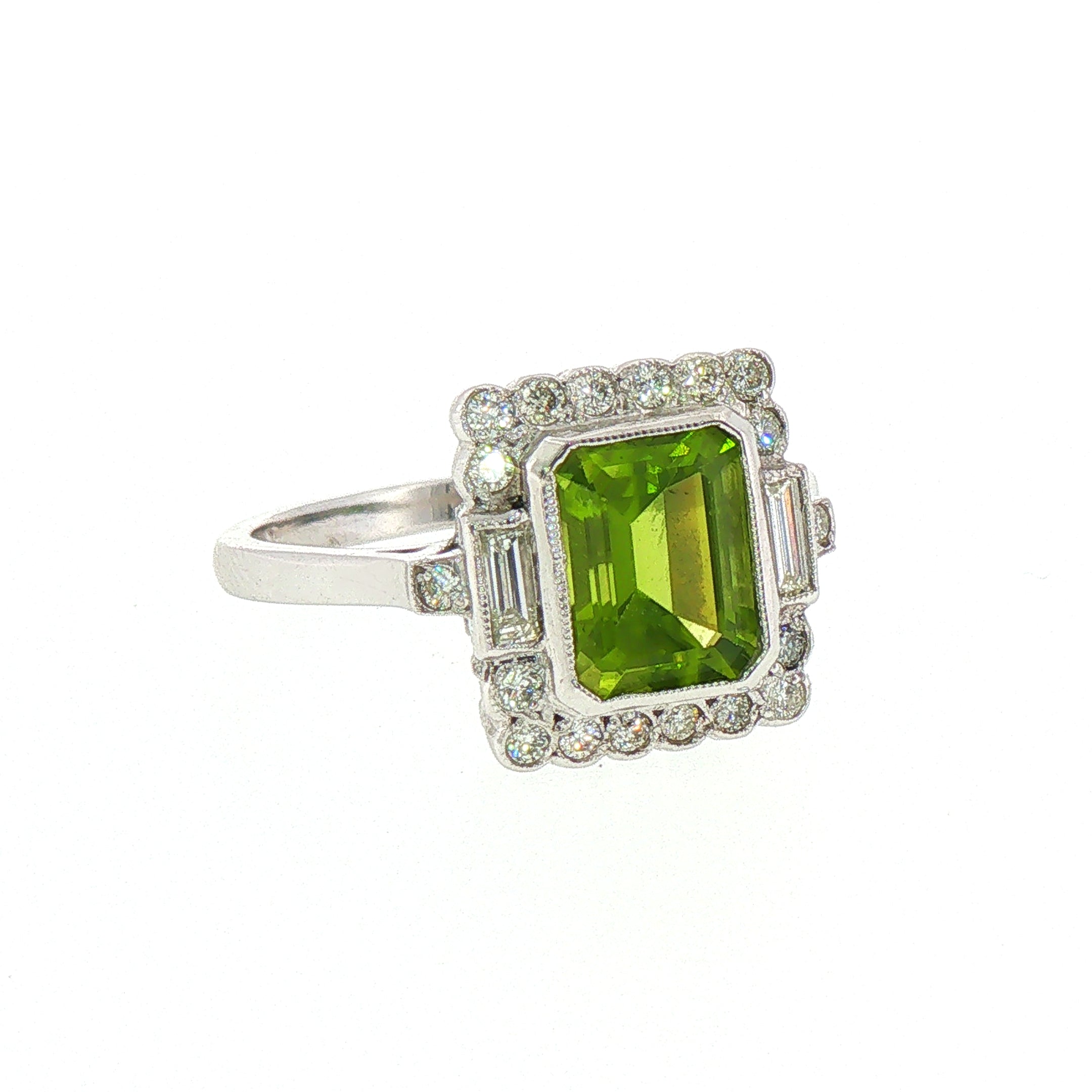 1.35ct Emerald Cut Peridot & 0.35ct Natural Diamond Antique Cluster Ring In Platinum
