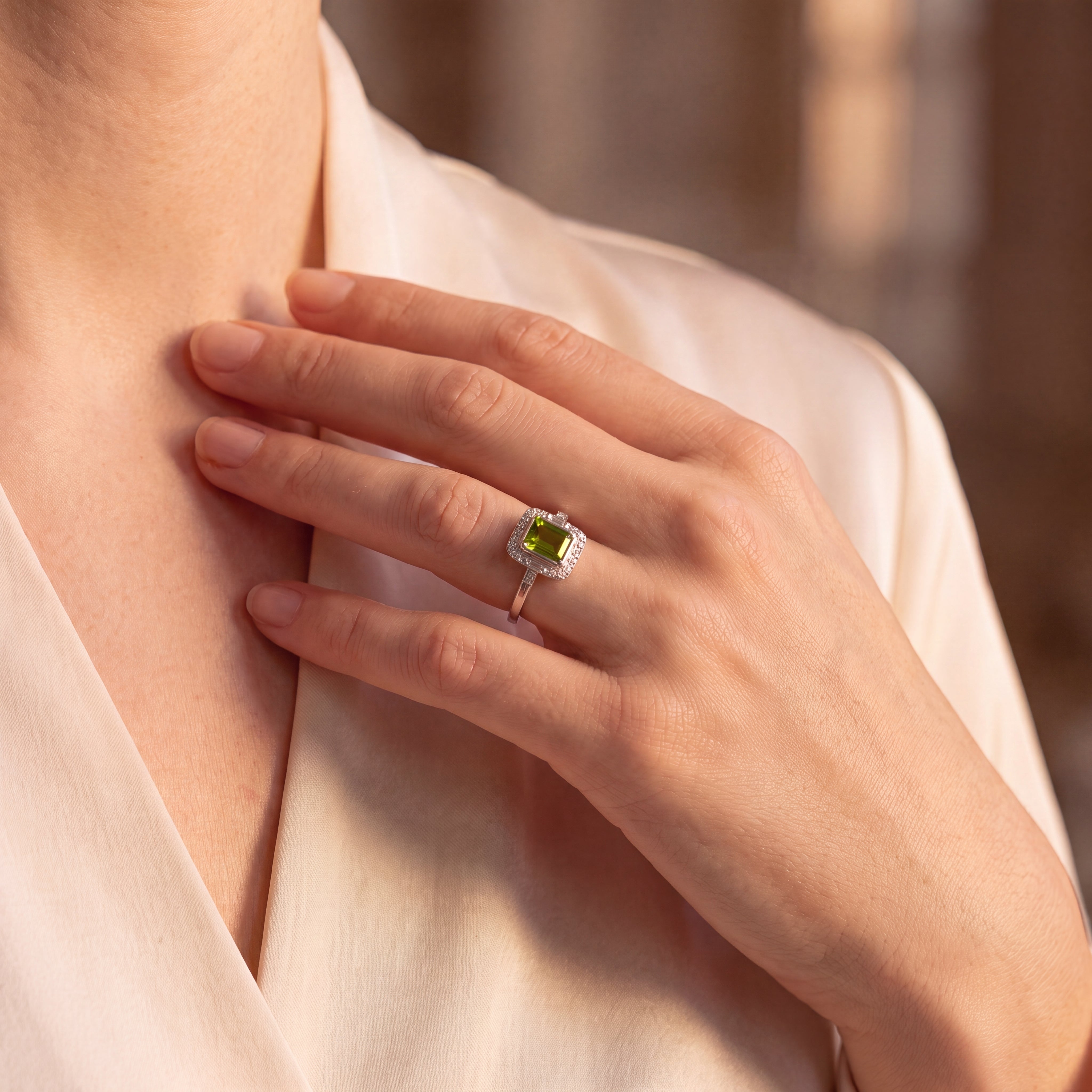 1.35ct Emerald Cut Peridot & 0.35ct Natural Diamond Antique Cluster Ring In Platinum