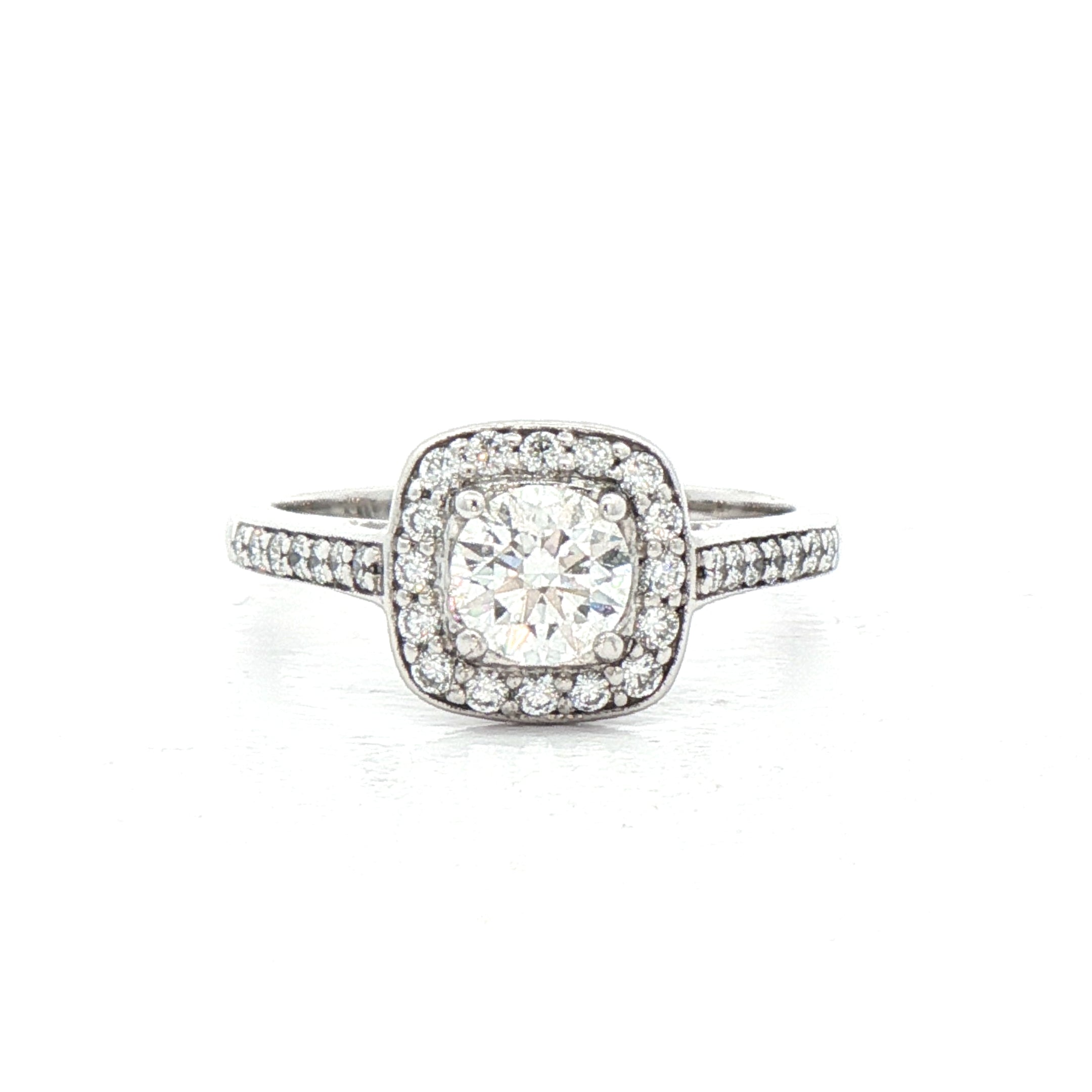 0.51ct E vs2 Certified Round Diamond With Cushion Halo Ring Set in 18ct White Gold