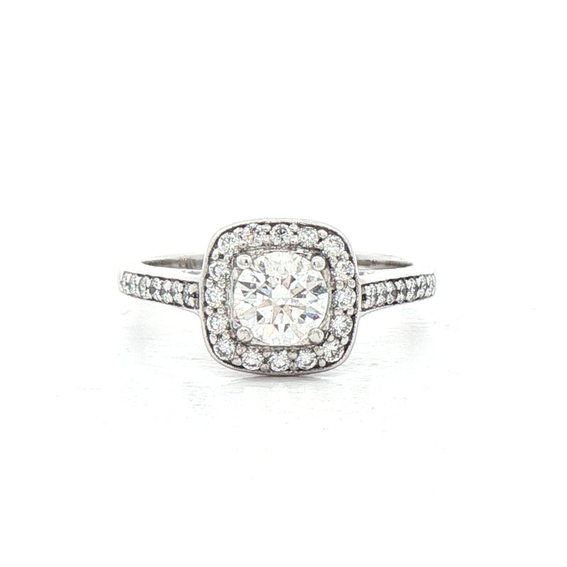 0.51ct E vs2 Certified Round Diamond With Cushion Halo Ring Set in 18ct White Gold