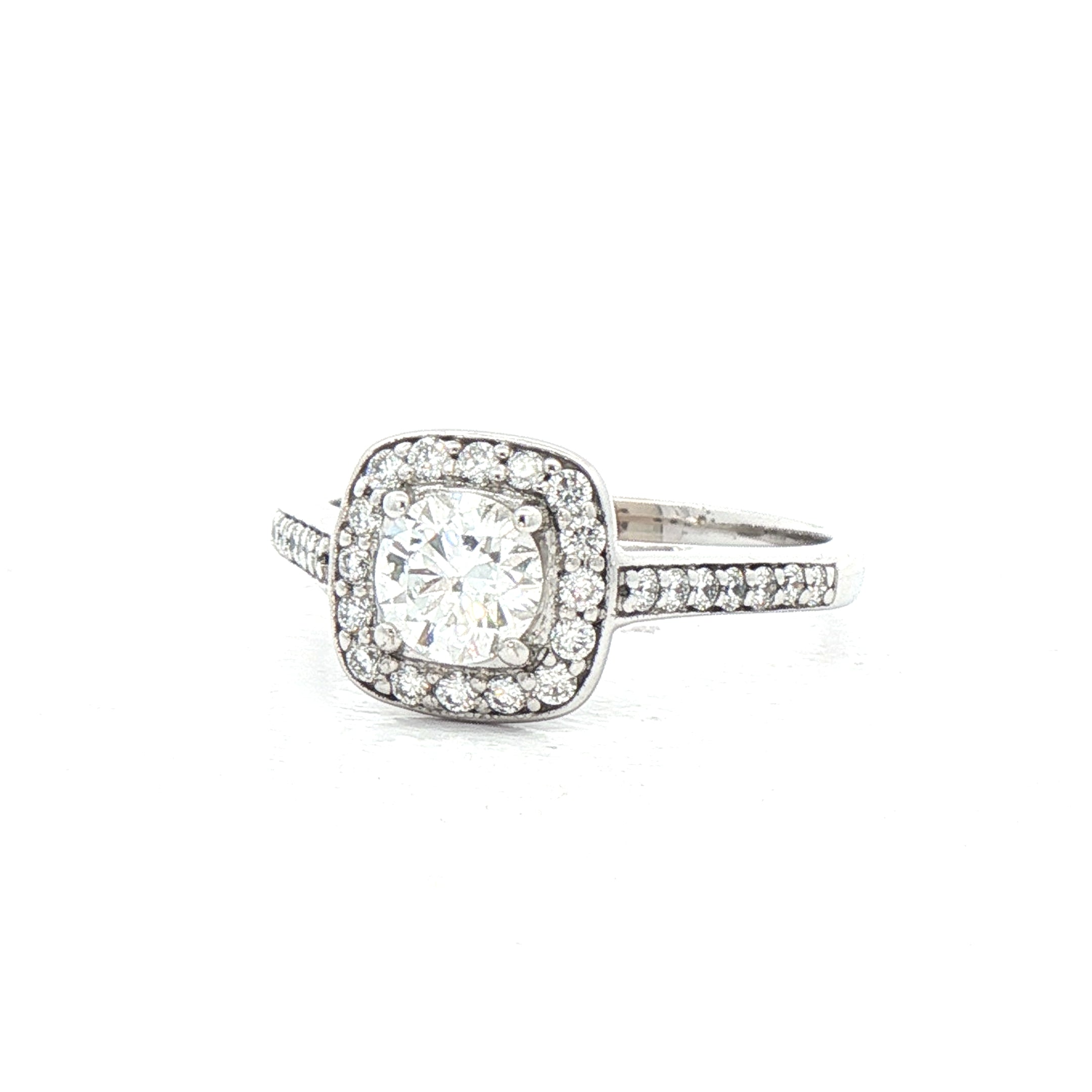 0.51ct E vs2 Certified Round Diamond With Cushion Halo Ring Set in 18ct White Gold