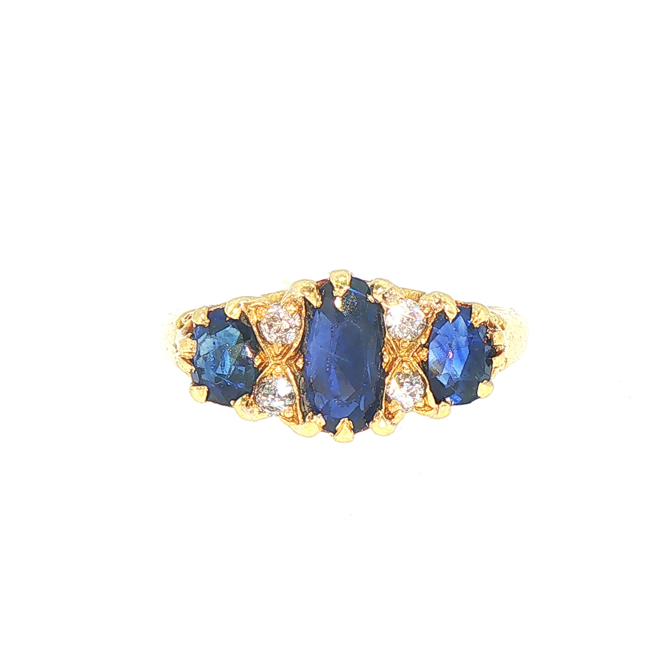 Natural Diamond & Sapphire Carved Antique Victorian Ring Set in 18ct Yellow Gold