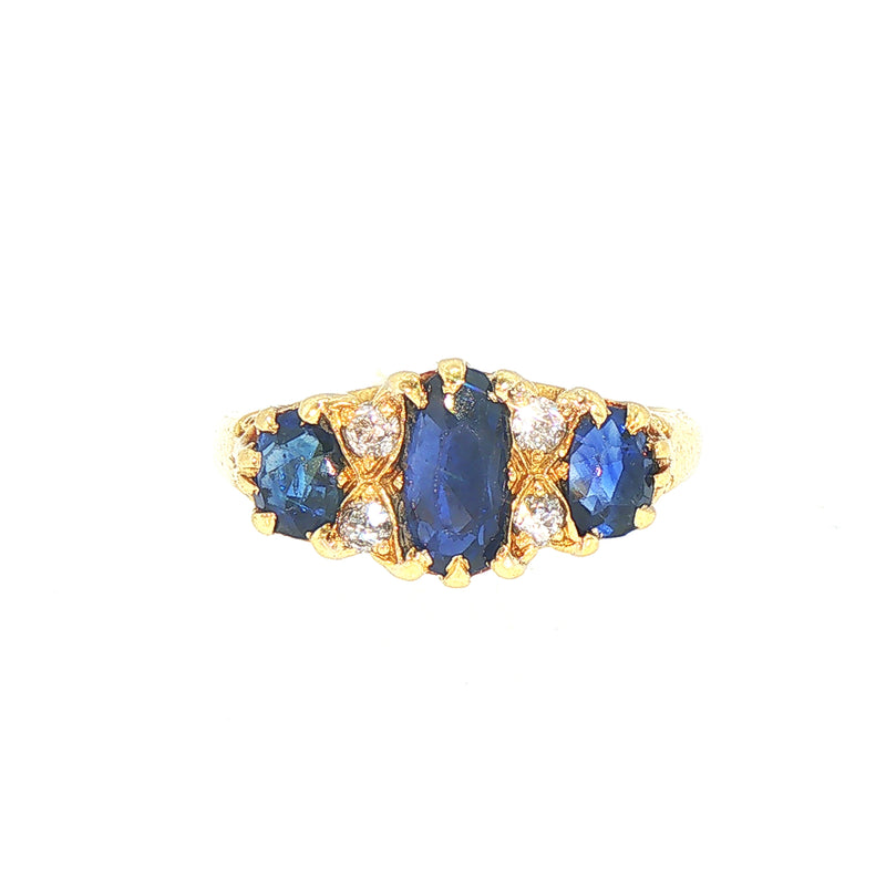 Natural Diamond & Sapphire Carved Antique Victorian Ring Set in 18ct Yellow Gold