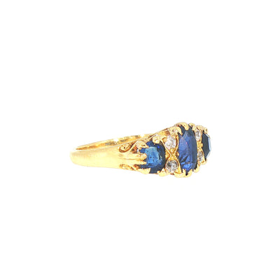 Natural Diamond & Sapphire Carved Antique Victorian Ring Set in 18ct Yellow Gold