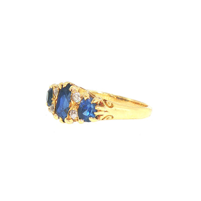 Natural Diamond & Sapphire Carved Antique Victorian Ring Set in 18ct Yellow Gold