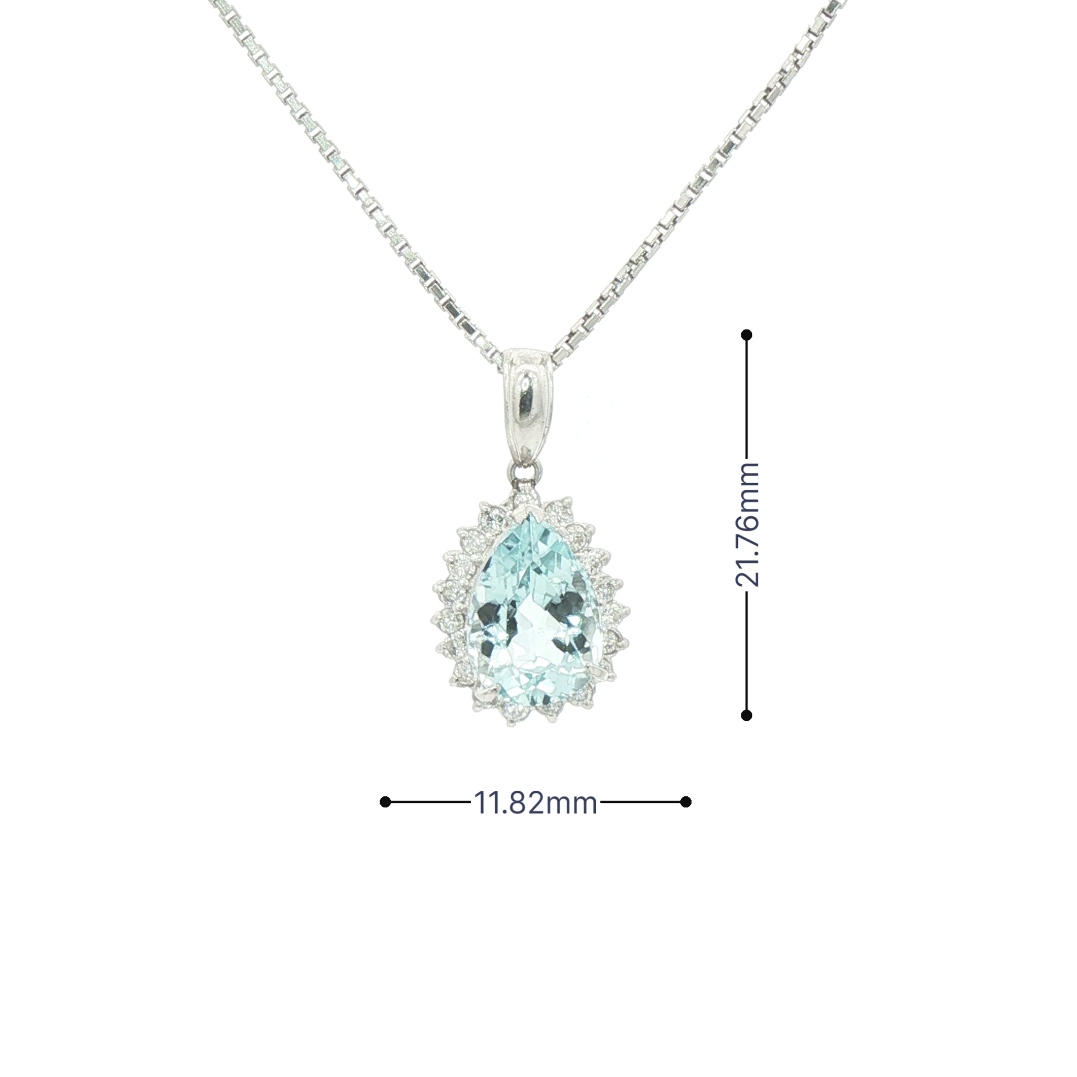 3.04ct Pear Aqua Marine & 0.32ct Natural Diamond Halo Cluster Pendant on Chain in Platinum