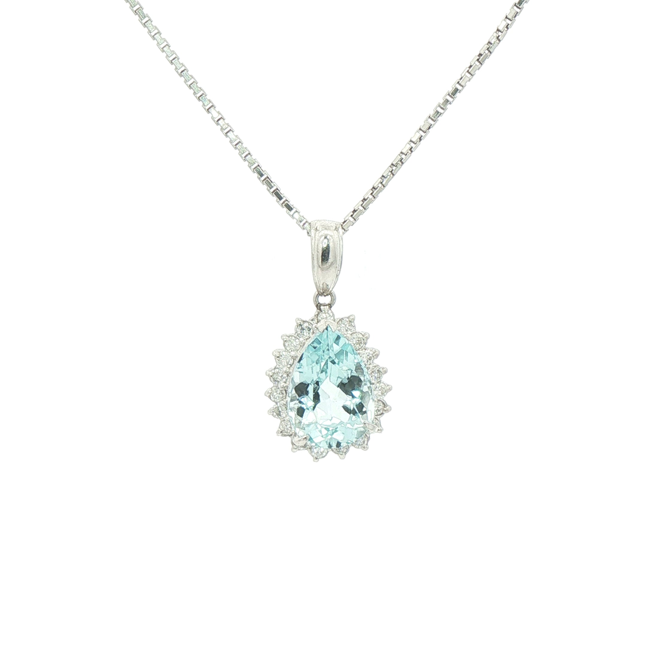 3.04ct Pear Aqua Marine & 0.32ct Natural Diamond Halo Cluster Pendant on Chain in Platinum