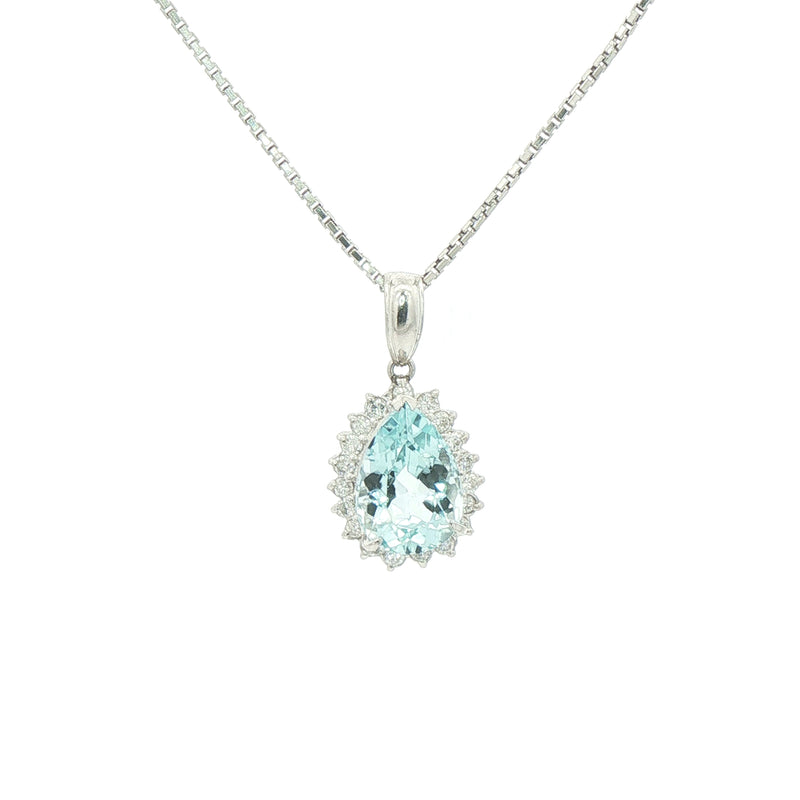 3.04ct Pear Aqua Marine & 0.32ct Natural Diamond Halo Cluster Pendant on Chain in Platinum