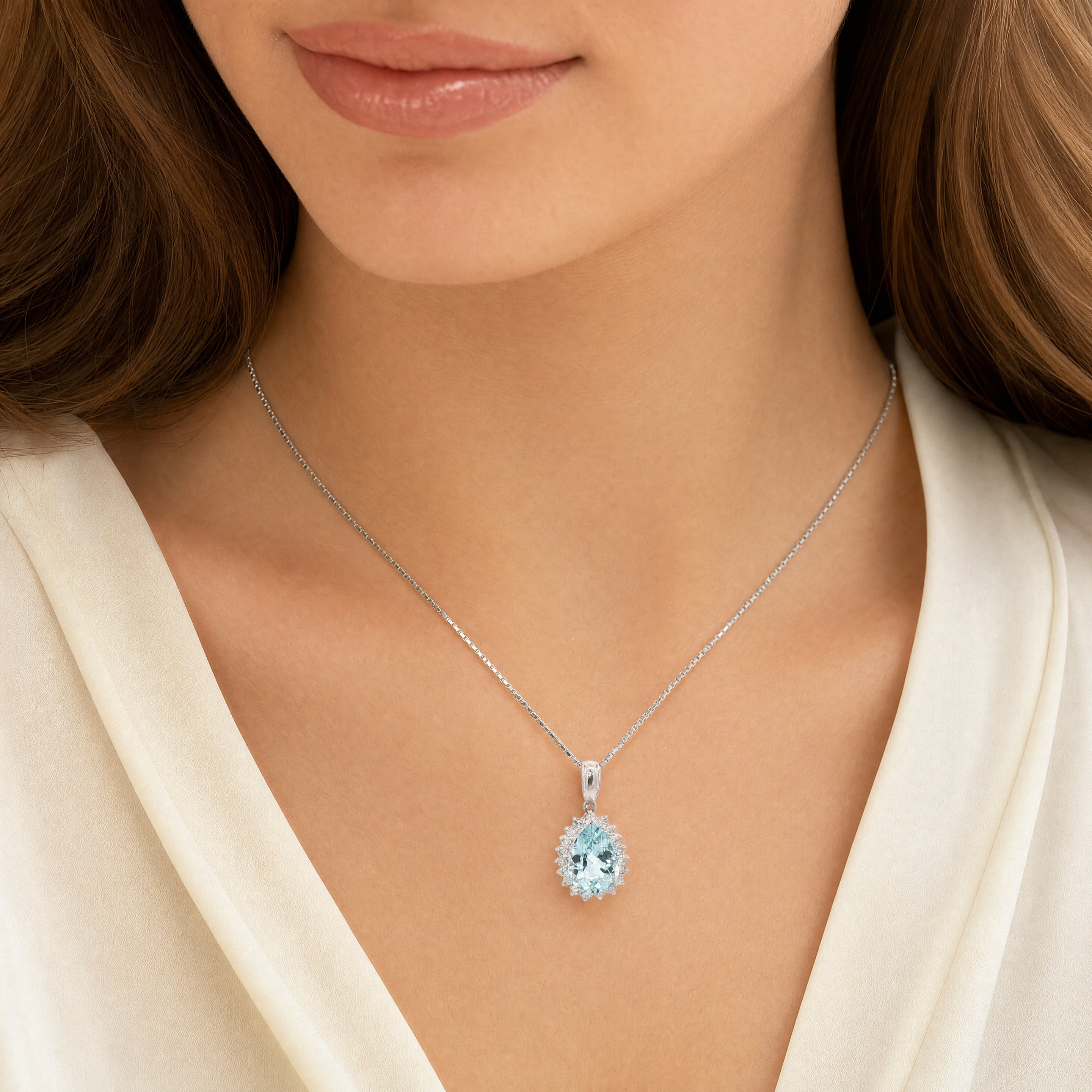 3.04ct Pear Aqua Marine & 0.32ct Natural Diamond Halo Cluster Pendant on Chain in Platinum