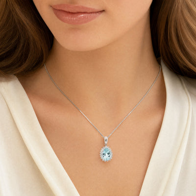 3.04ct Pear Aqua Marine & 0.32ct Natural Diamond Halo Cluster Pendant on Chain in Platinum