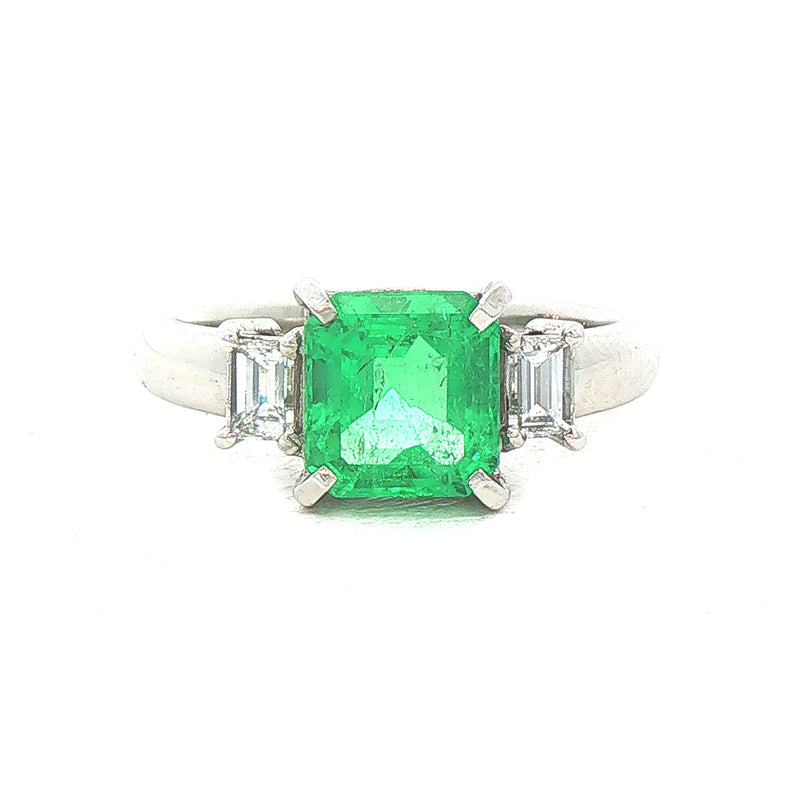1.52ct Emerald & 0.30ct Natural Diamond Three-Stone Ring with Baguette Accents in Platinum