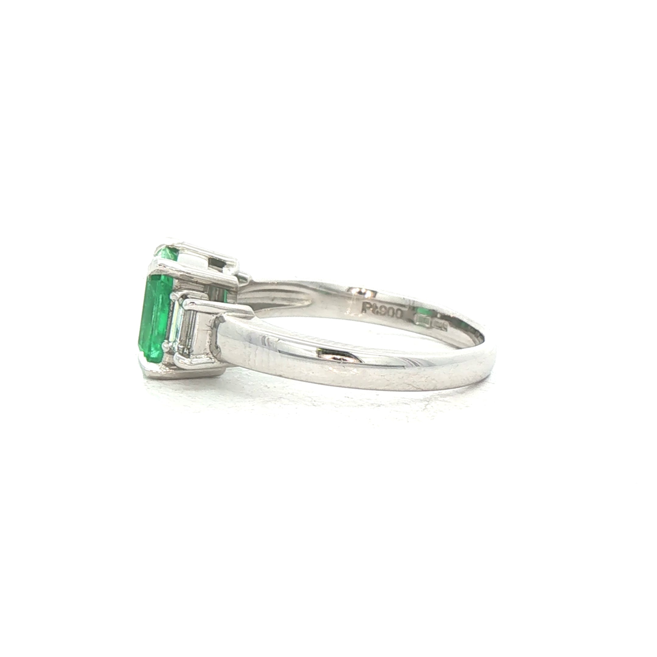 1.52ct Emerald & 0.30ct Natural Diamond Three-Stone Ring with Baguette Accents in Platinum
