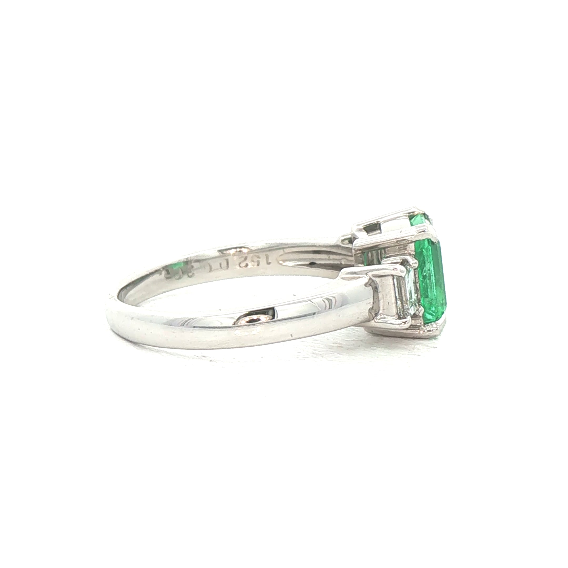 1.52ct Emerald & 0.30ct Natural Diamond Three-Stone Ring with Baguette Accents in Platinum
