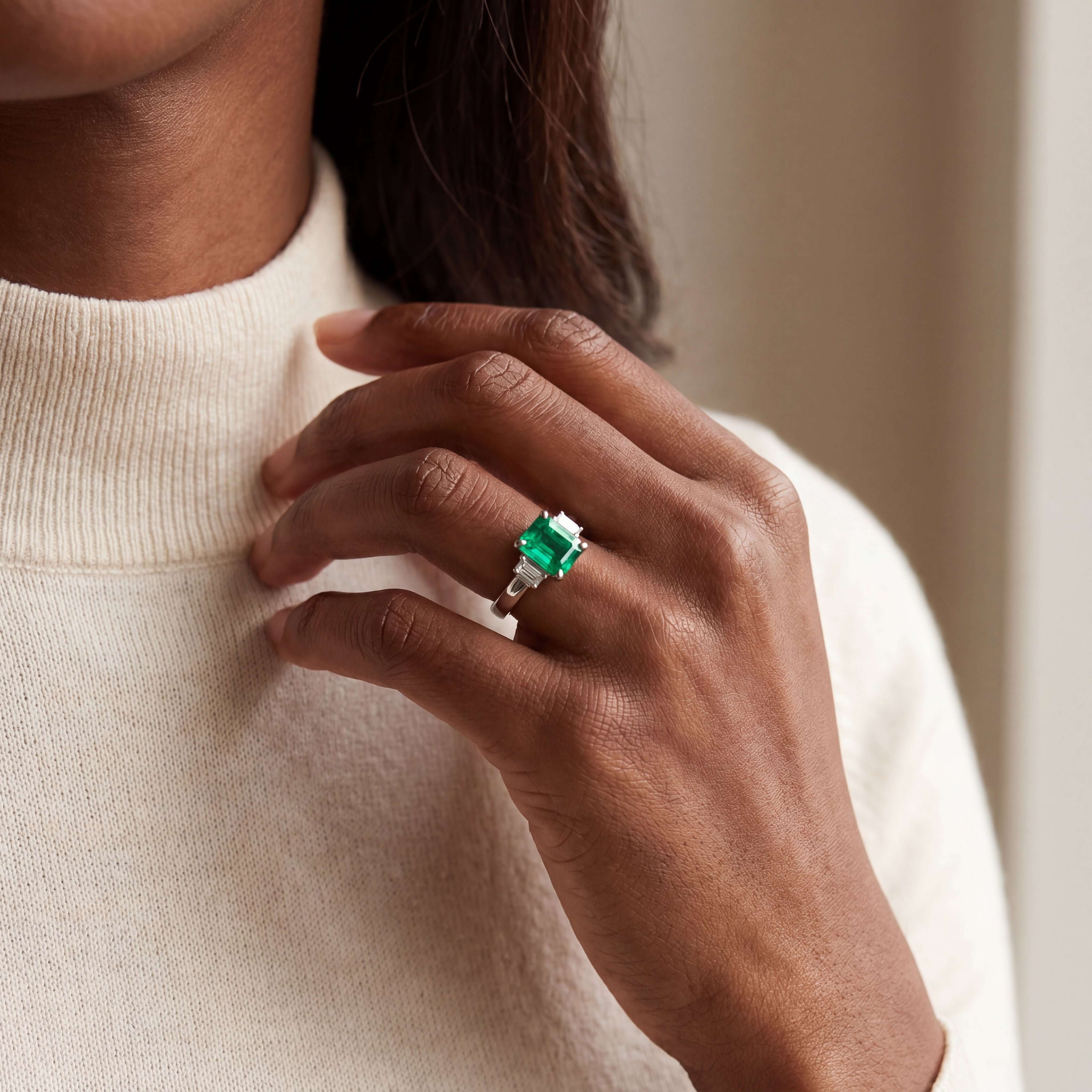 1.52ct Emerald & 0.30ct Natural Diamond Three-Stone Ring with Baguette Accents in Platinum