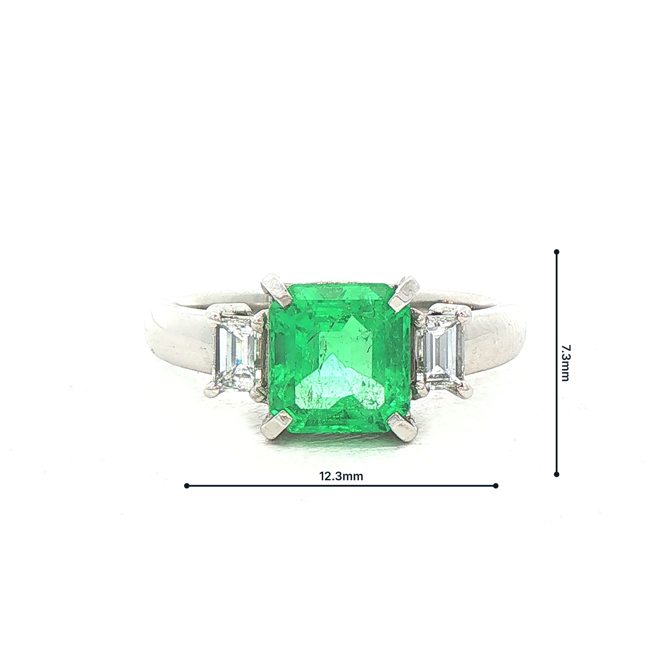 1.52ct Emerald & 0.30ct Natural Diamond Three-Stone Ring with Baguette Accents in Platinum