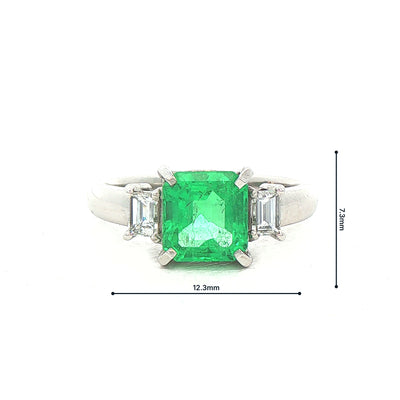 1.52ct Emerald & 0.30ct Natural Diamond Three-Stone Ring with Baguette Accents in Platinum