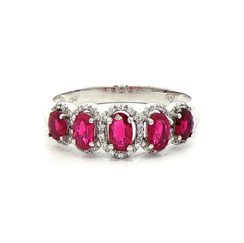 1.18ct Oval Ruby's & 0.10ct Natural Diamond Five Stone Cluster Ring in 18ct White Gold