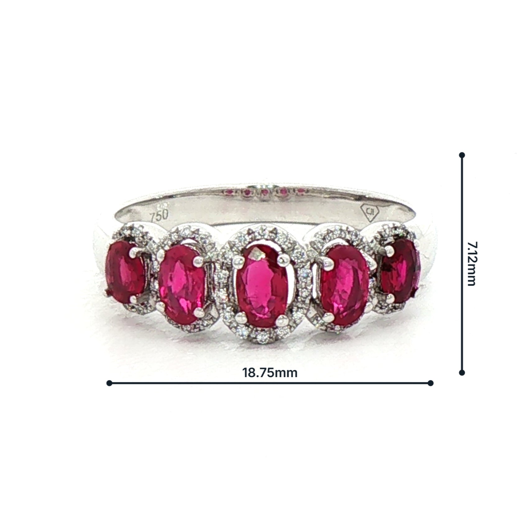 1.18ct Oval Ruby's & 0.10ct Natural Diamond Five Stone Cluster Ring in 18ct White Gold
