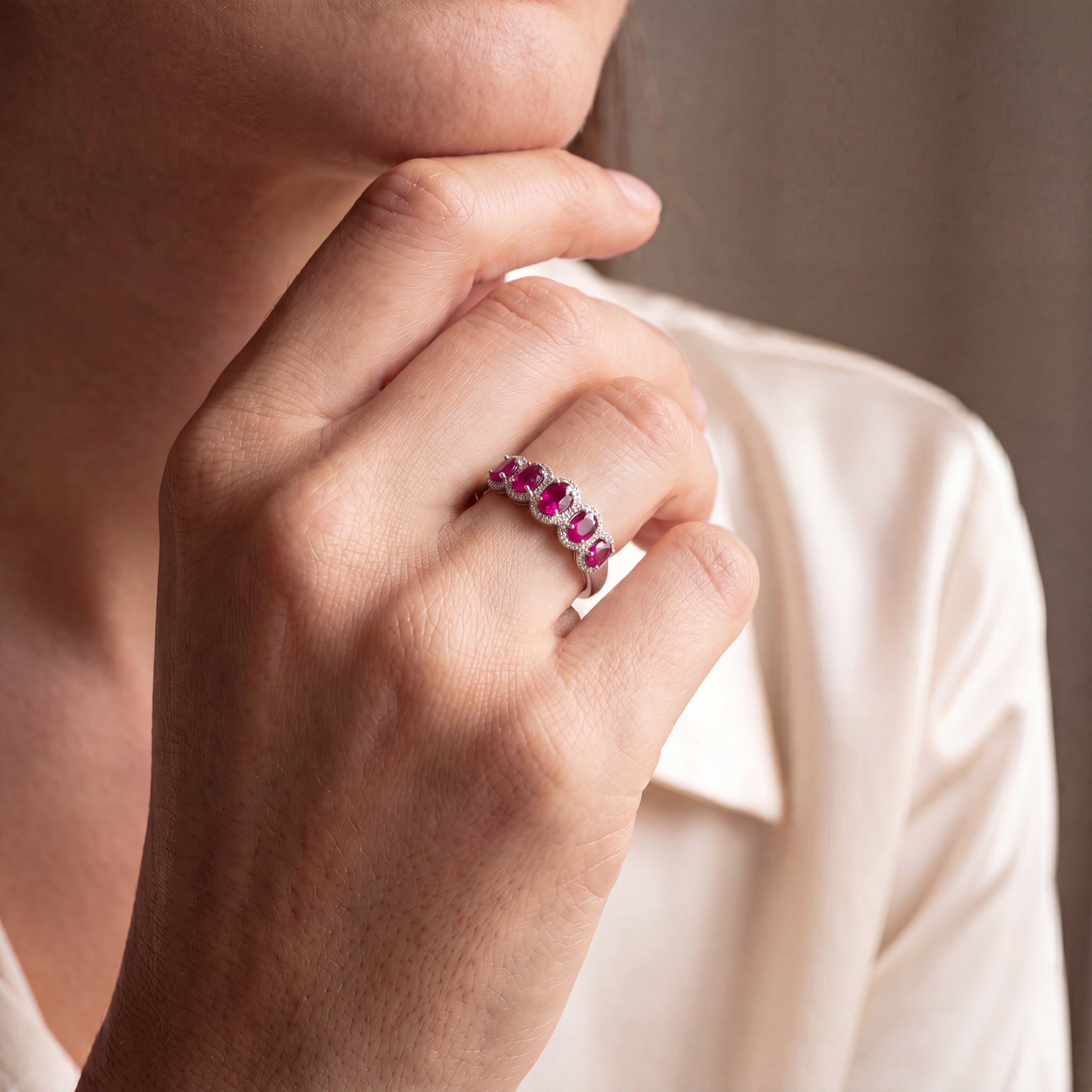 1.18ct Oval Ruby's & 0.10ct Natural Diamond Five Stone Cluster Ring in 18ct White Gold
