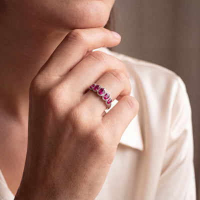 1.18ct Oval Ruby's & 0.10ct Natural Diamond Five Stone Cluster Ring in 18ct White Gold