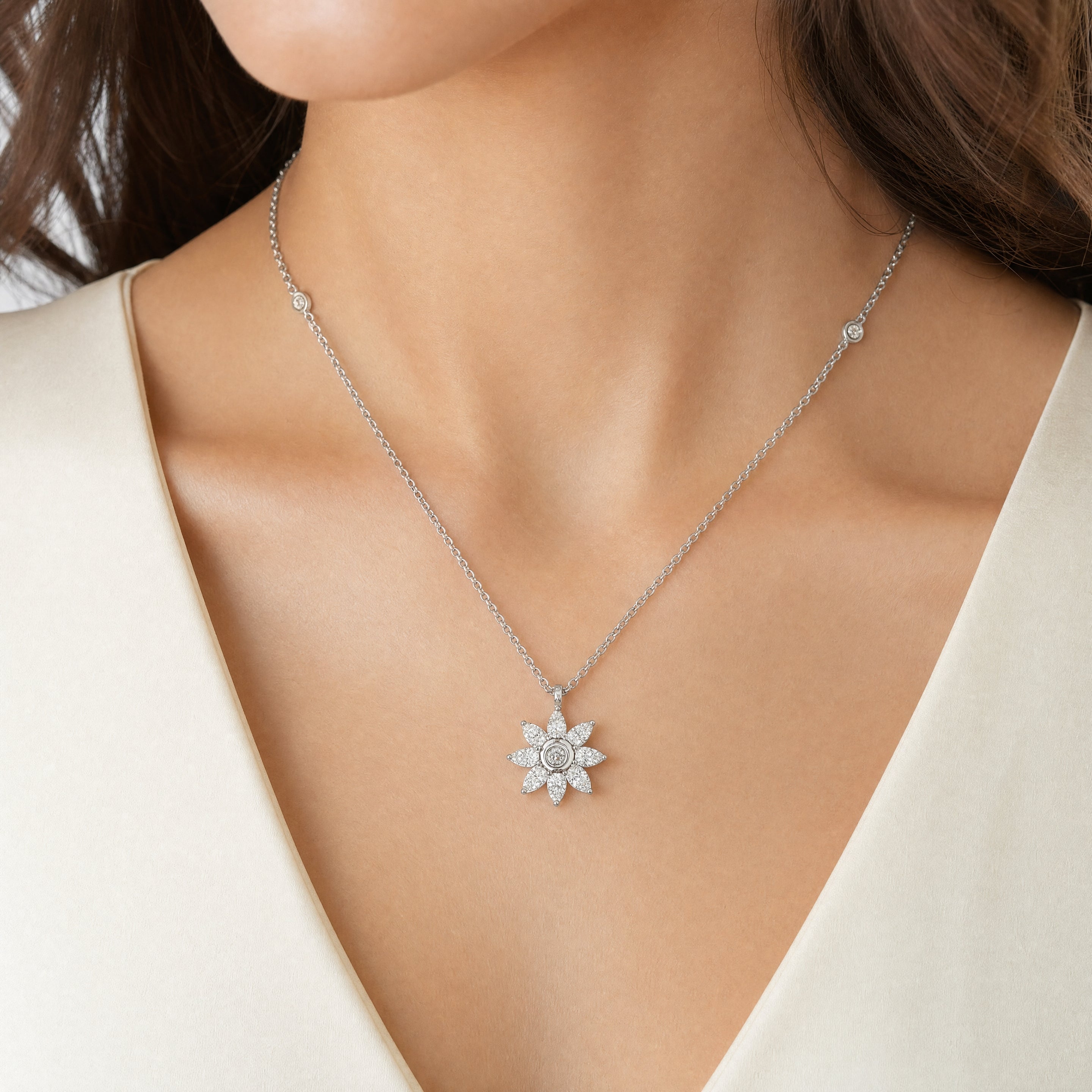 0.53ct Natural Diamond Flower Shaped Pendant in 18ct White Gold