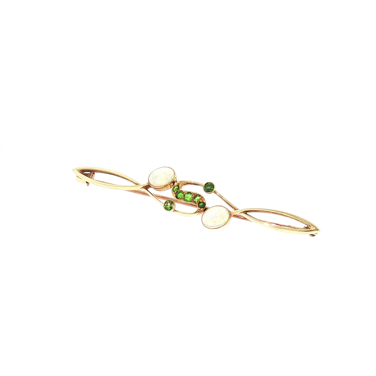 Vintage Art Deco Style Natural Opal and Demantoid Garnet Bar Brooch